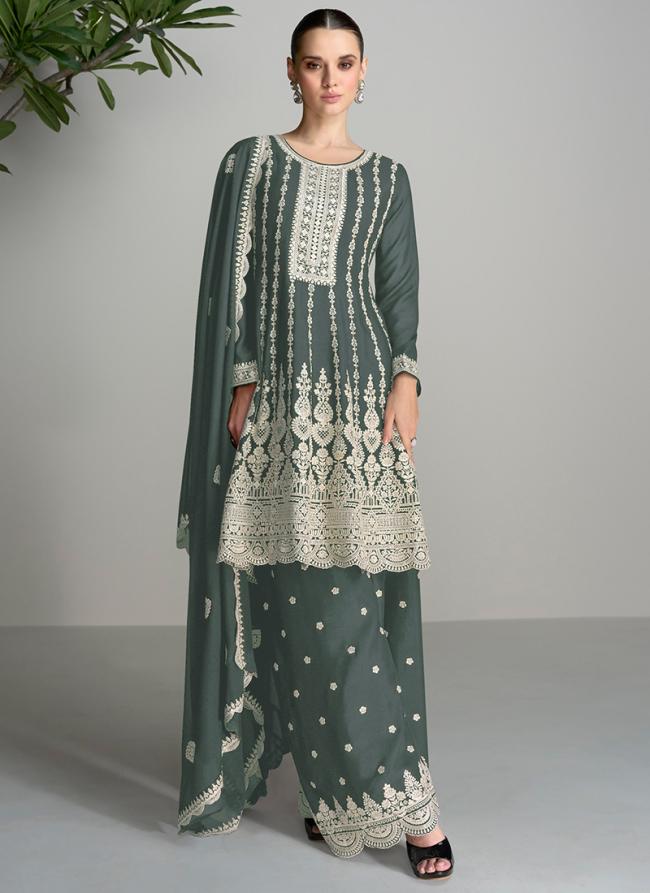 Chinnon Grey Party Wear Embroidery Work Readymade Plazzo Suit